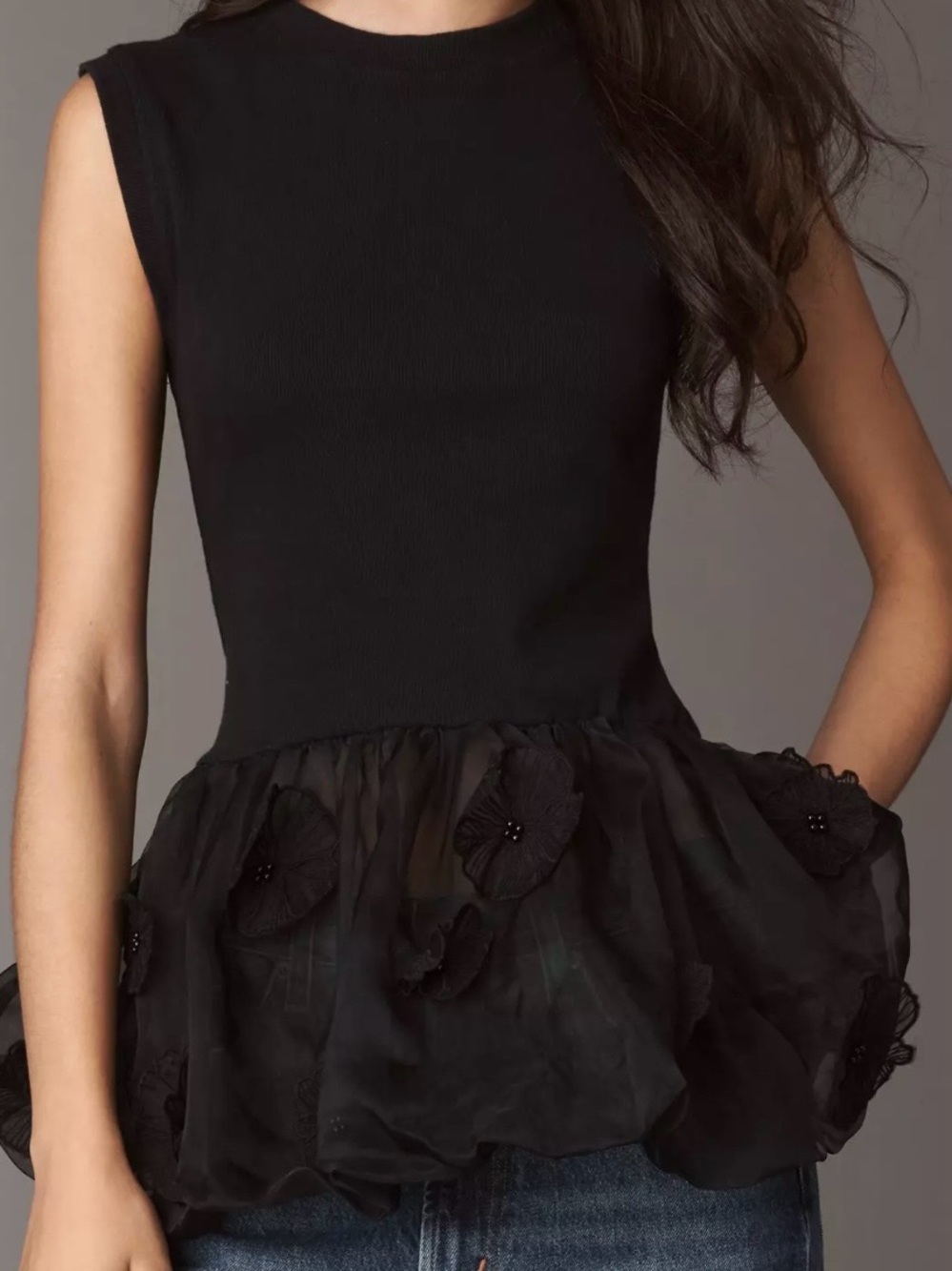 Anthropologie Black Sleeveless Peplum Top with Floral Appliqués